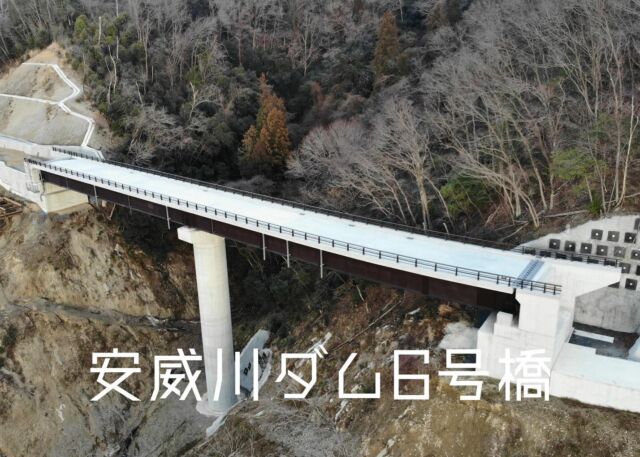 橋名：安威川ダム6号橋（あいがわだむろくごうきょう）
所在地：大阪府茨木市
施工：2021年（令和3年）
 
本橋は大阪府北摂の安威川ダム事業の左岸道路7橋あるうちの6号橋になります。橋長92mの鋼2径間連続非合成鈑桁橋で、急峻な谷間を跨ぐ橋梁です。
昭和42年の北摂豪雨を契機に計画され、半世紀経てようやく完成となった事業です。
架設工法は一般的なクレーンベント工法ですが、急峻な谷間となっていて近接に施工ヤードを設けられない地形条件のため、「多段仮桟橋」を使用して施工しました。
 
#日本橋梁#japanbridge#日本橋梁の橋#安威川ダム6号橋#大阪府#茨木市#桁橋#施工実績#橋梁#橋#bridge#橋好き